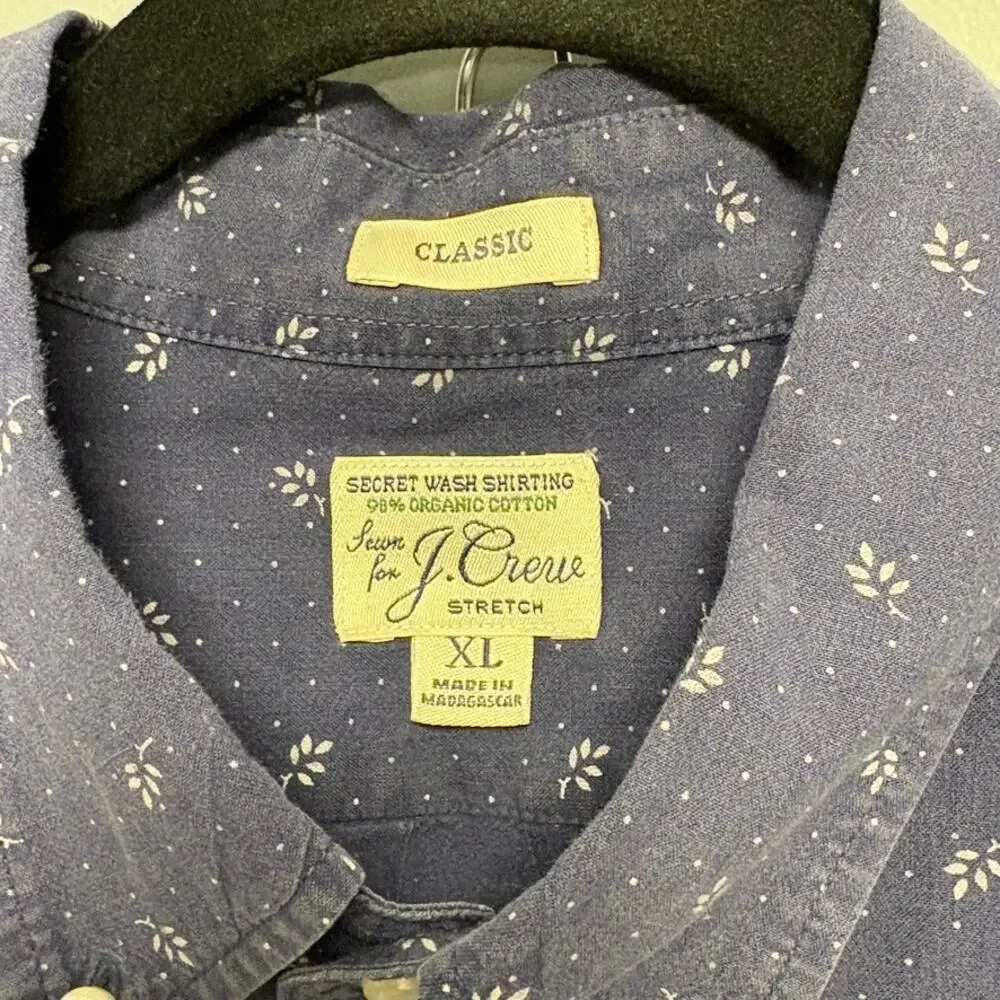 J. Crew Classic Stretch Cotton Navy‎ Floral Button Up Dress Shirt Mens Sz XL